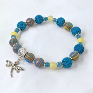 Artisan Dragonfly Charm Beaded Bracelet Colorful Jasper Diffuser Lava Rocks NEW